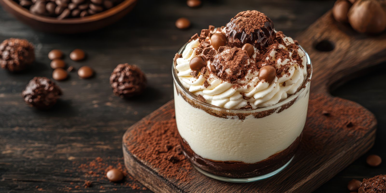 Delicious dessert with creamy layers, chocolate, and coffee presented on rustic wooden table in cozy atmosphere